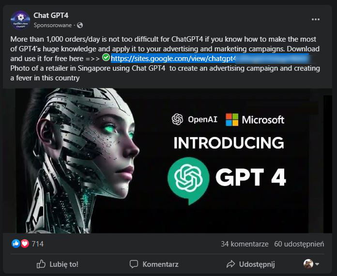 Fałszywa reklama podszywająca się pod ChatGPT 4