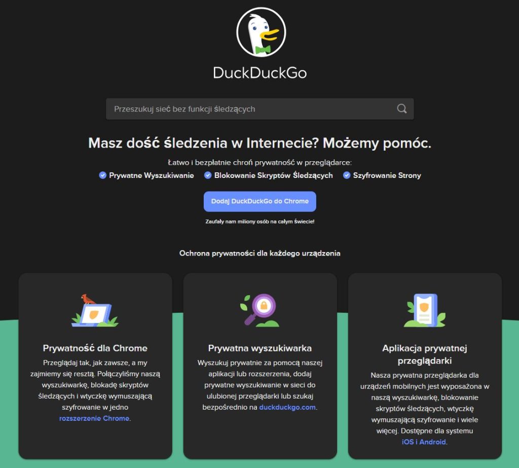 Ochrona prywatności w przeglądarce i brak reklam w wynikach wyszukiwania - DuckDuckGO