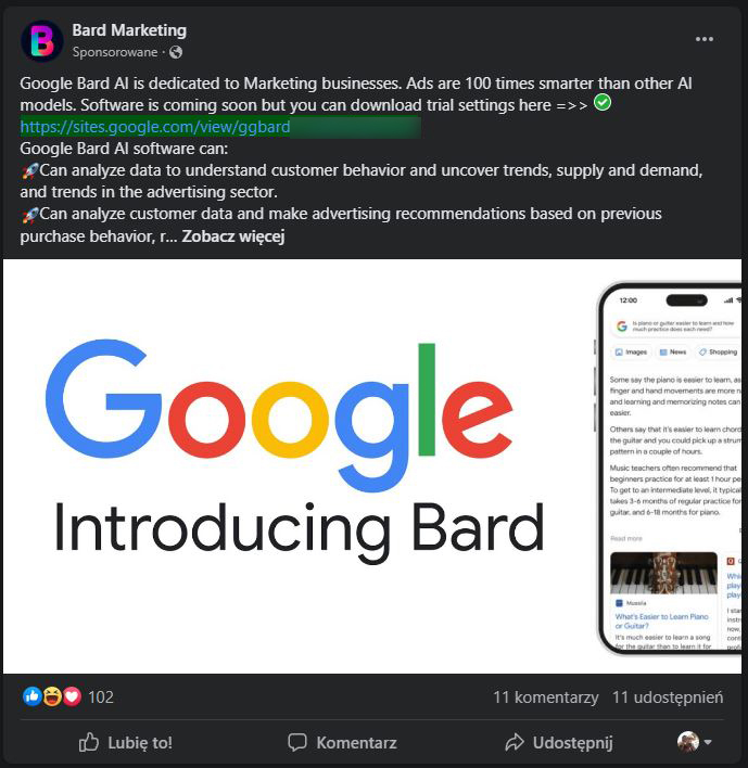 Reklama podszywająca się pod Google AI Bard